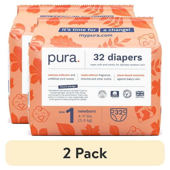 (2 pack) Pura Sensitive Soft Sustainable Baby Diapers Size 1, 32 Count (Choose Your Size and Count)