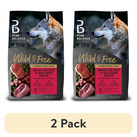(2 pack) Pure Balance Wild and Free Grass Fed Beef and Wild Boar Recipe Grain Free Dry Dog Food, 4 lb