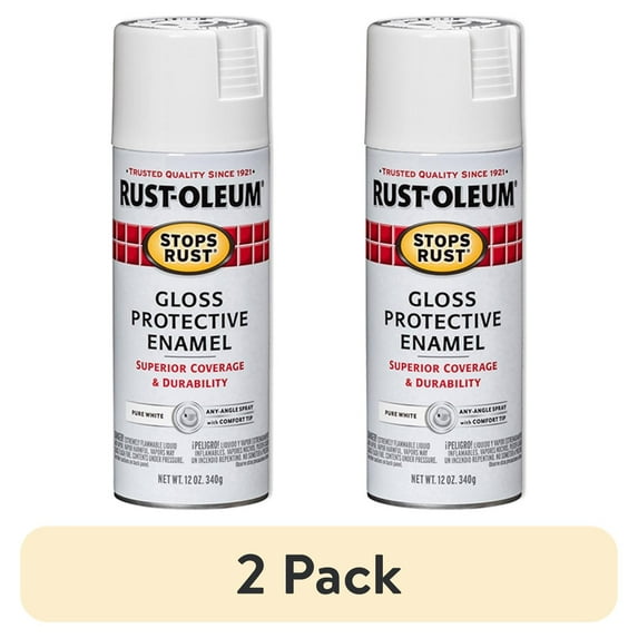 (2 pack) Pure White, Rust-Oleum Stops Rust Gloss Protective Enamel Spray Paint-250702, 12 oz