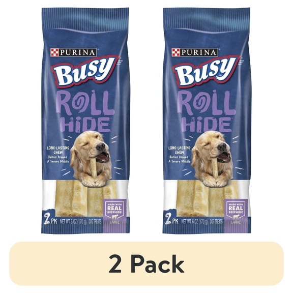 (2 pack) Purina Busy Bone Dog Treats, Rollhide with Real Beef Flavor Dog Chews for Large Dogs, 6 oz Pouch