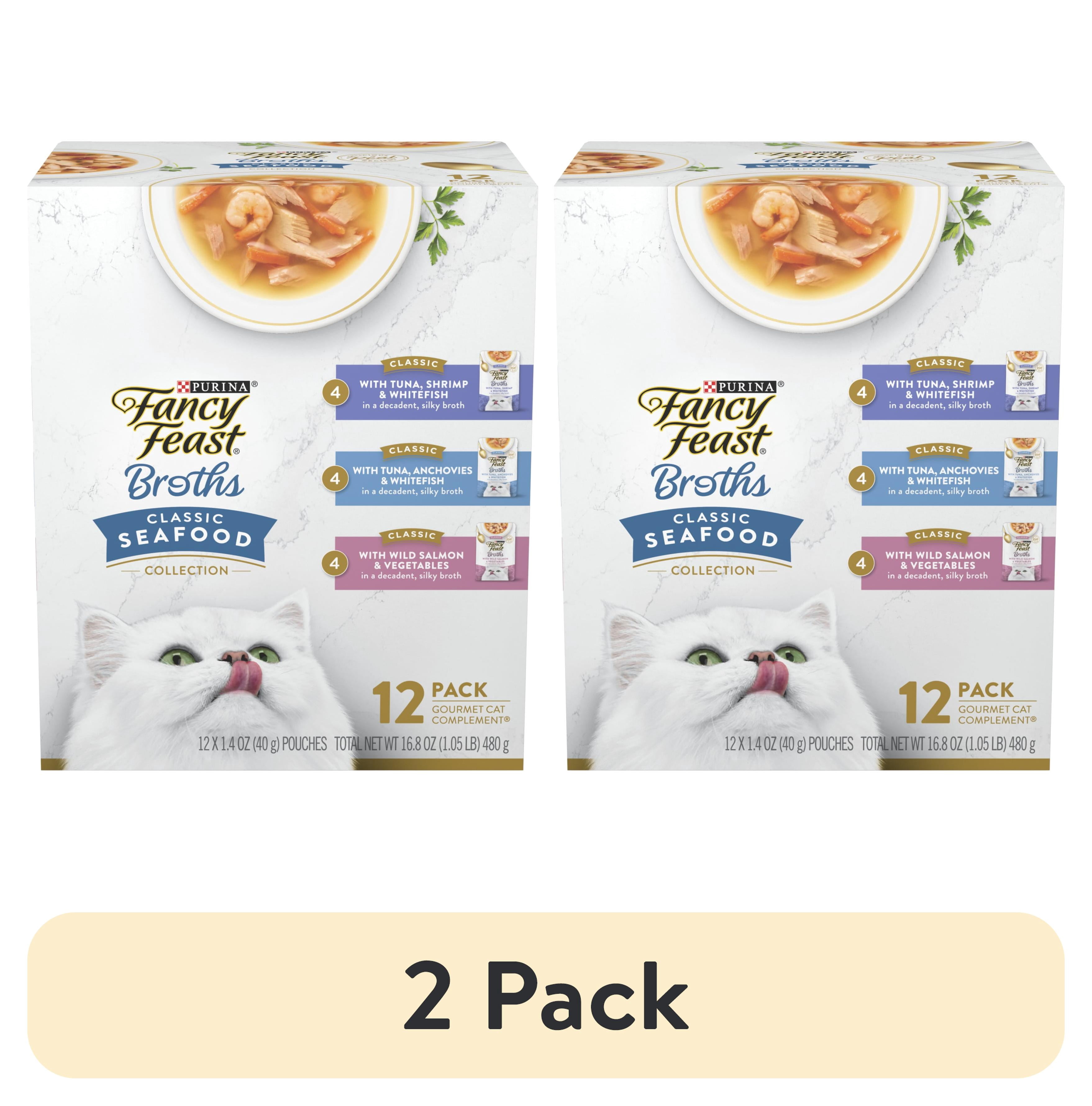 (2 pack) Purina Fancy Feast Classic Seafood Collection Broth for Cats Variety Pack, 1.4 oz Pouches (12 Pack)