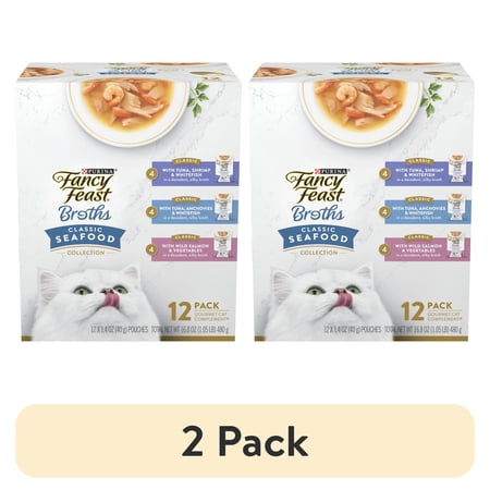 (2 pack) Purina Fancy Feast Classic Seafood Collection Broth for Cats Variety Pack, 1.4 oz Pouches (12 Pack)