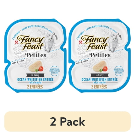 (2 pack) Purina Fancy Feast Petites Ocean Whitefish Entree with Tomato in Gravy Gourmet Wet Cat Food Pate, 1.4 oz Tubs