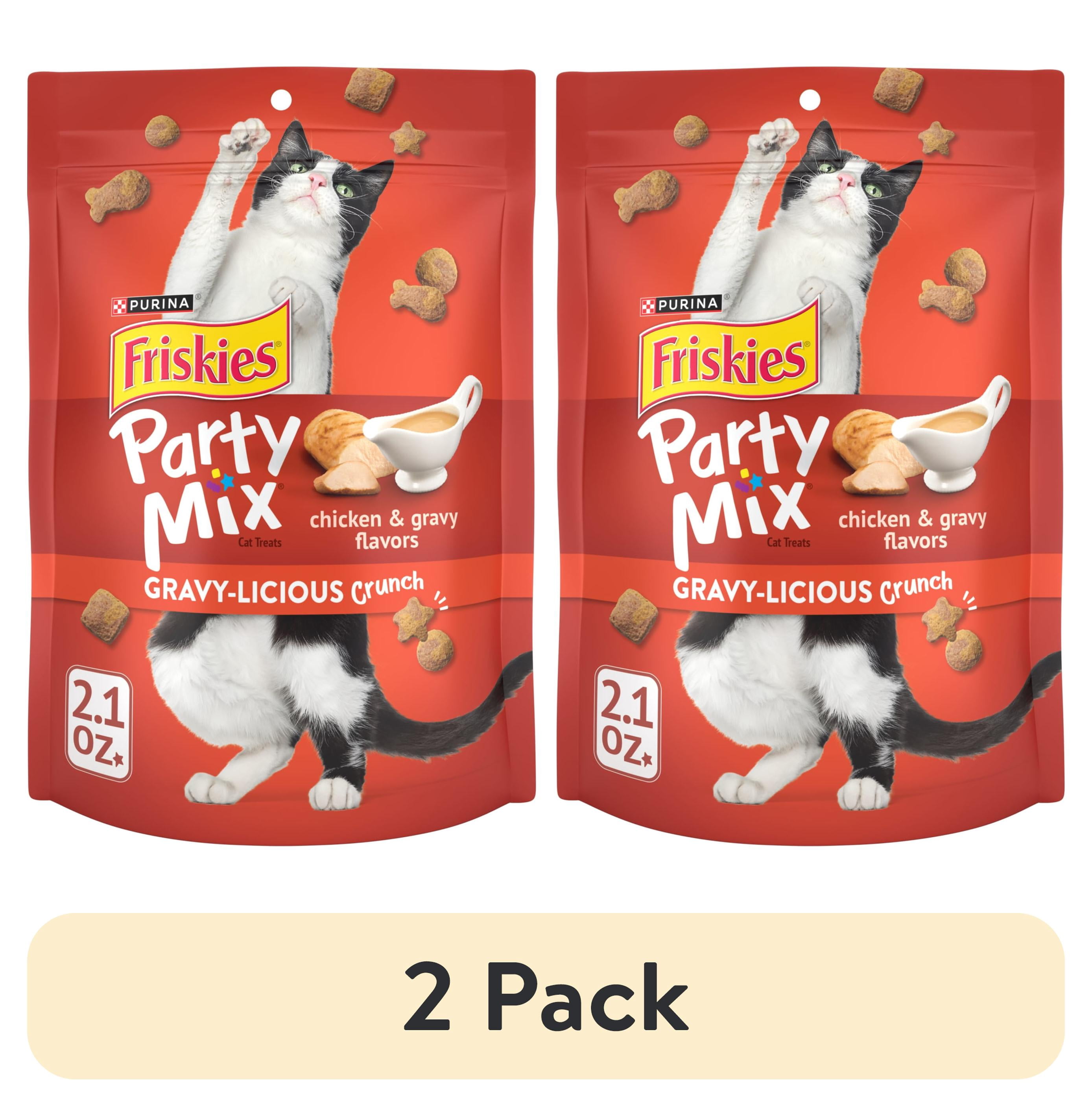 (2 pack) Purina Friskies Cat Treats, Party Mix Gravy-licious Crunch Chicken and Gravy Flavors, 2.1 oz.