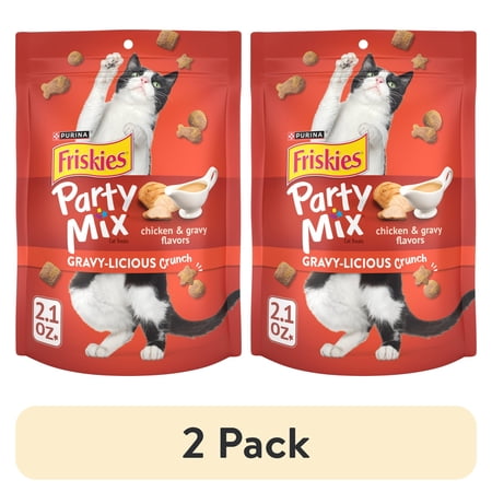 (2 pack) Purina Friskies Cat Treats, Party Mix Gravy-licious Crunch Chicken and Gravy Flavors, 2.1 oz.
