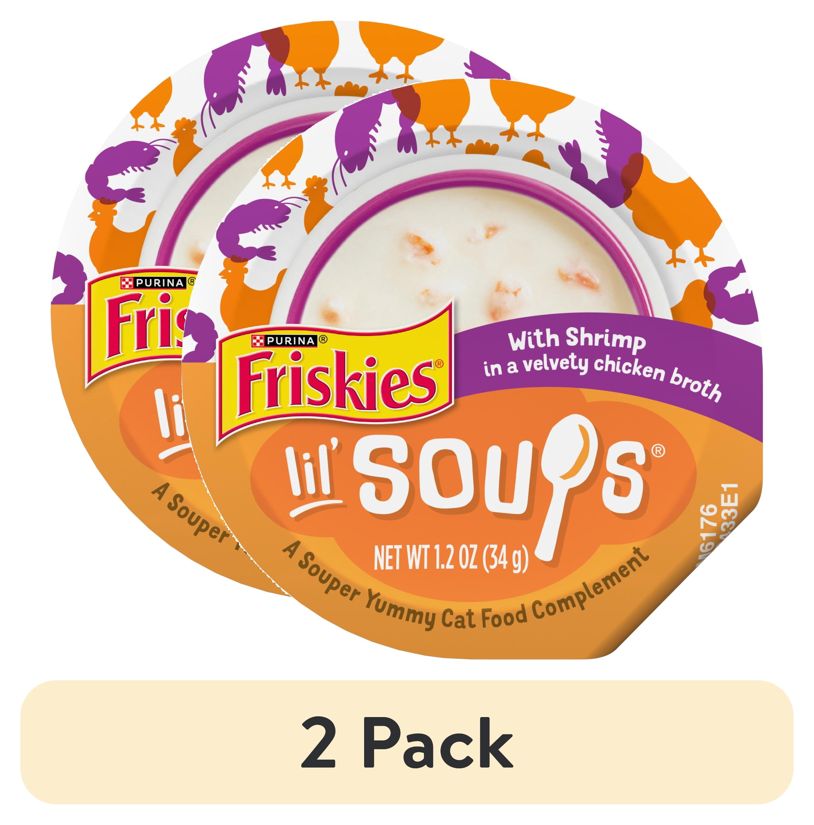 (2 pack) Purina Friskies Grain Free Lickable Cat Food Toppers Lil’ Soups with Shrimp in a Velvety Chicken Broth, 1.2 oz Cups, 8 Pack