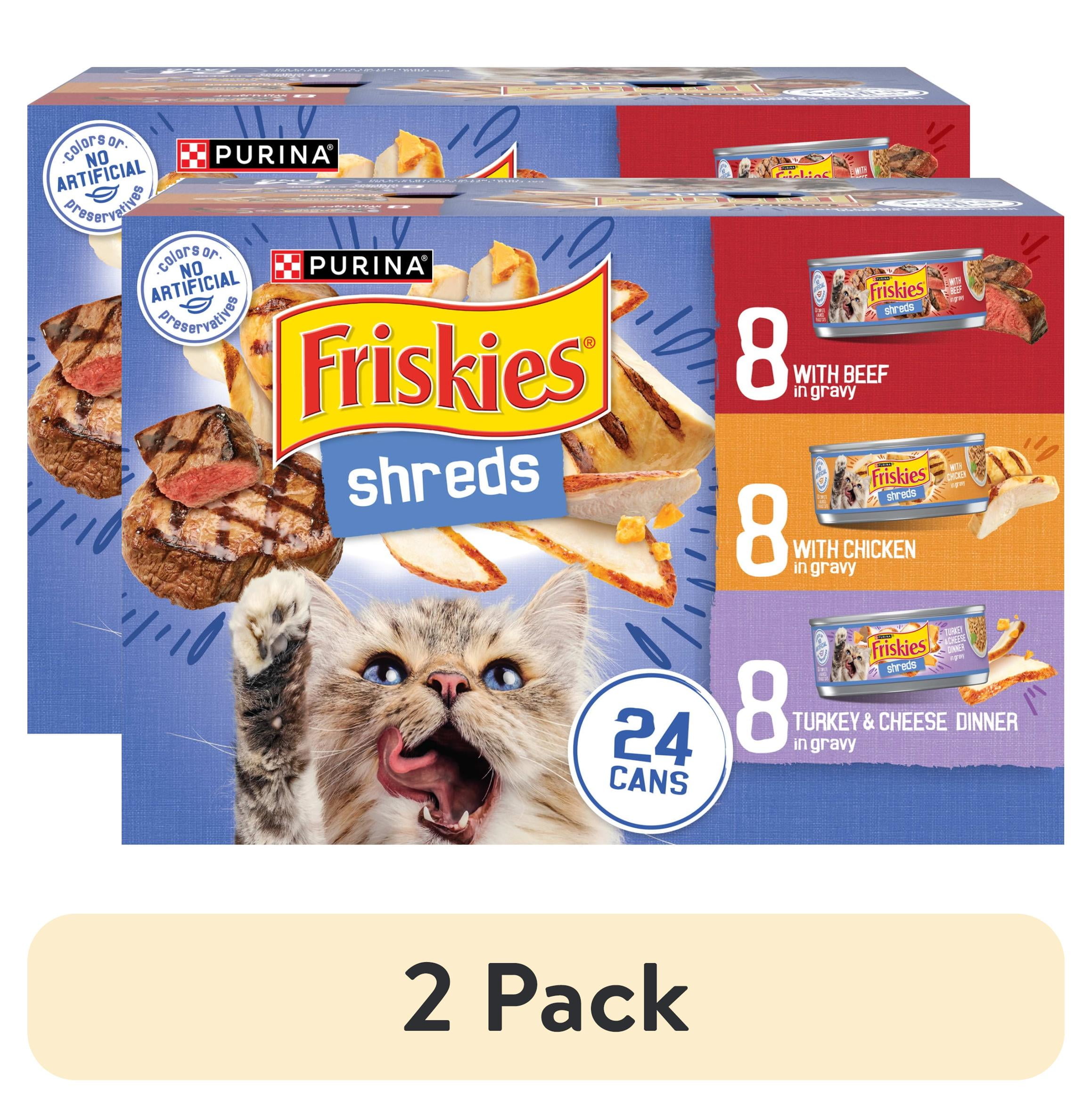 (2 pack) Purina Friskies Gravy Shreds, Beef, Chicken, Turkey and Cheese, Wet Cat Food, 5.5 oz Can