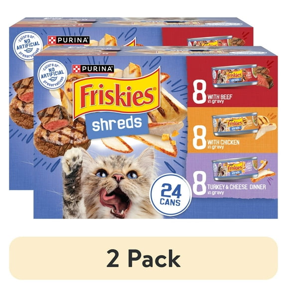 (2 pack) Purina Friskies Gravy Shreds, Beef, Chicken, Turkey and Cheese, Wet Cat Food, 5.5 oz Can, 24 Pack