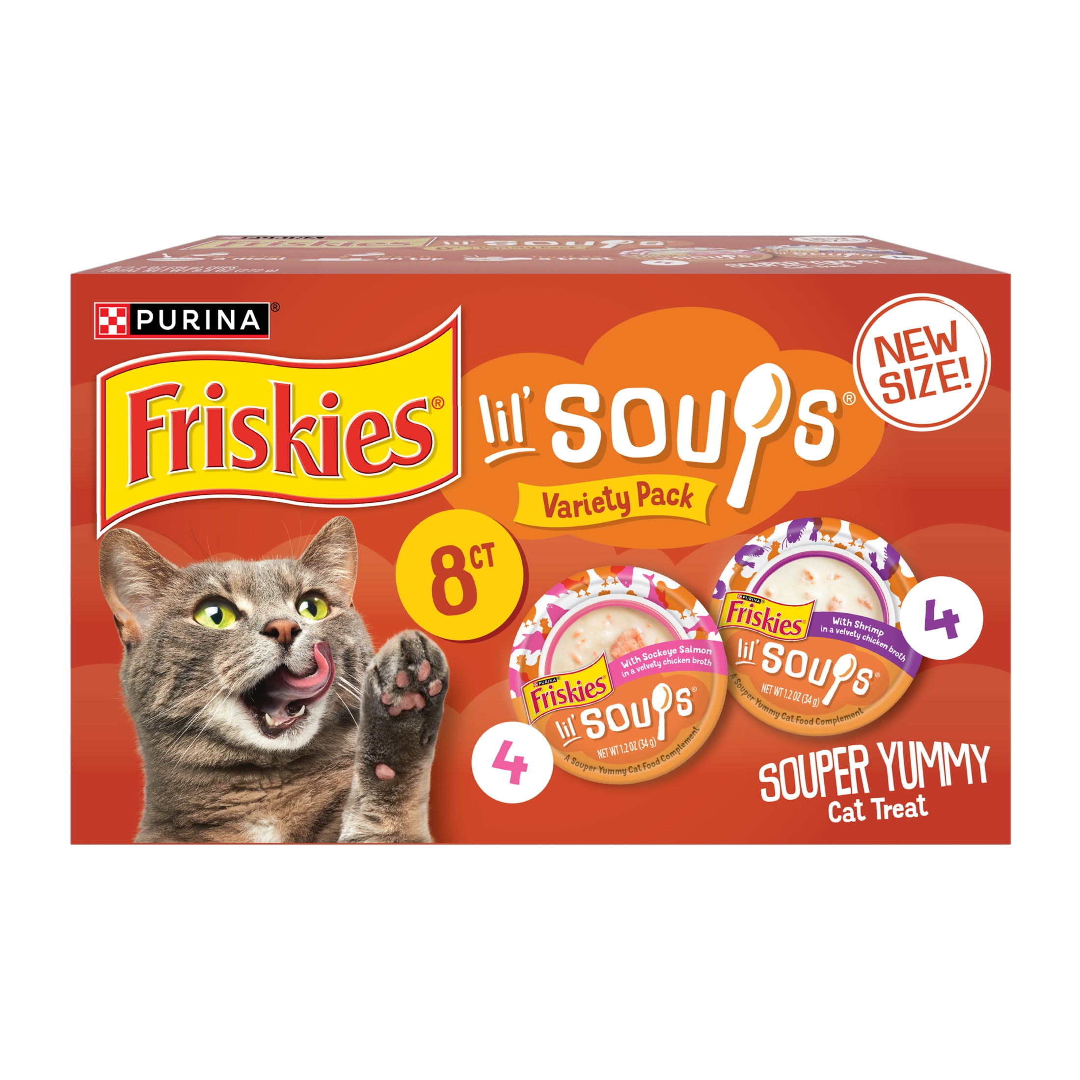 (2 pack) Purina Friskies Lil’ Soups Wet Cat Treats Variety Pack With Sockeye Salmon and With Shrimp, 9.6 oz.