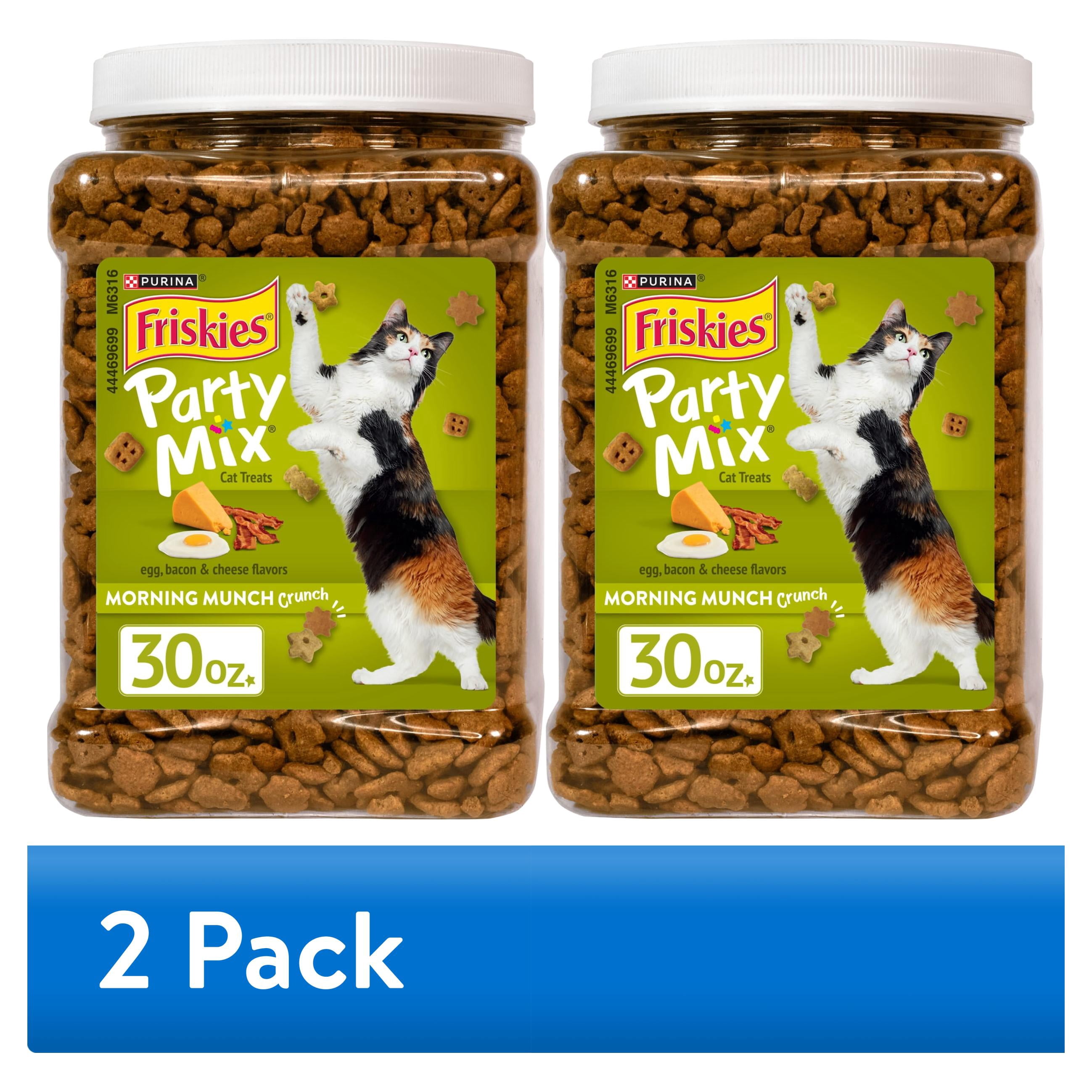 (2 pack) Purina Friskies Party Mix Morning Munch Crunch Egg, Bacon, & Cheese Flavor Crunchy Treats for Cats, 30 oz Canister