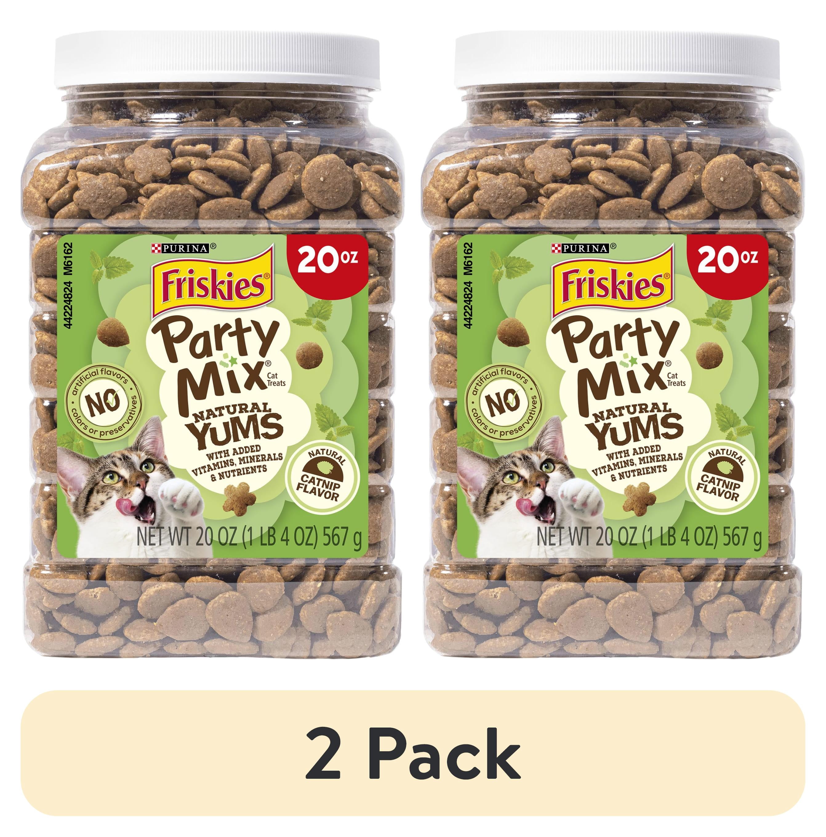 (2 pack) Purina Friskies Party Mix Natural Cat Treats, Natural Yums Catnip Flavor, 20 oz Canister, 3 Pack