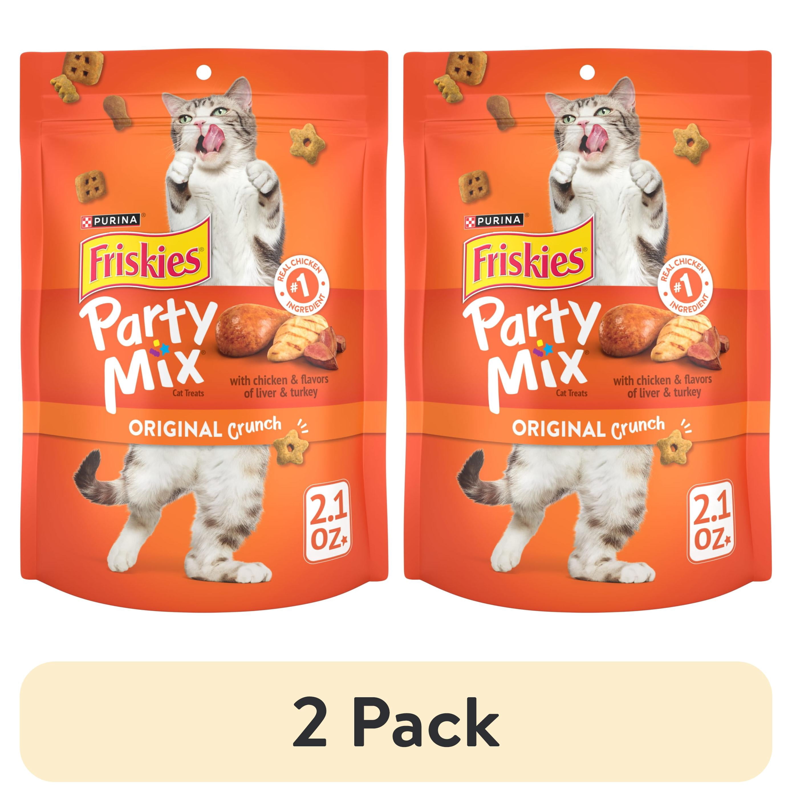 (2 pack) Purina Friskies Party Mix Original Crunch, Cat Treats, Chicken, Liver, & Turkey, 2.1 oz Bag, 10 Pack