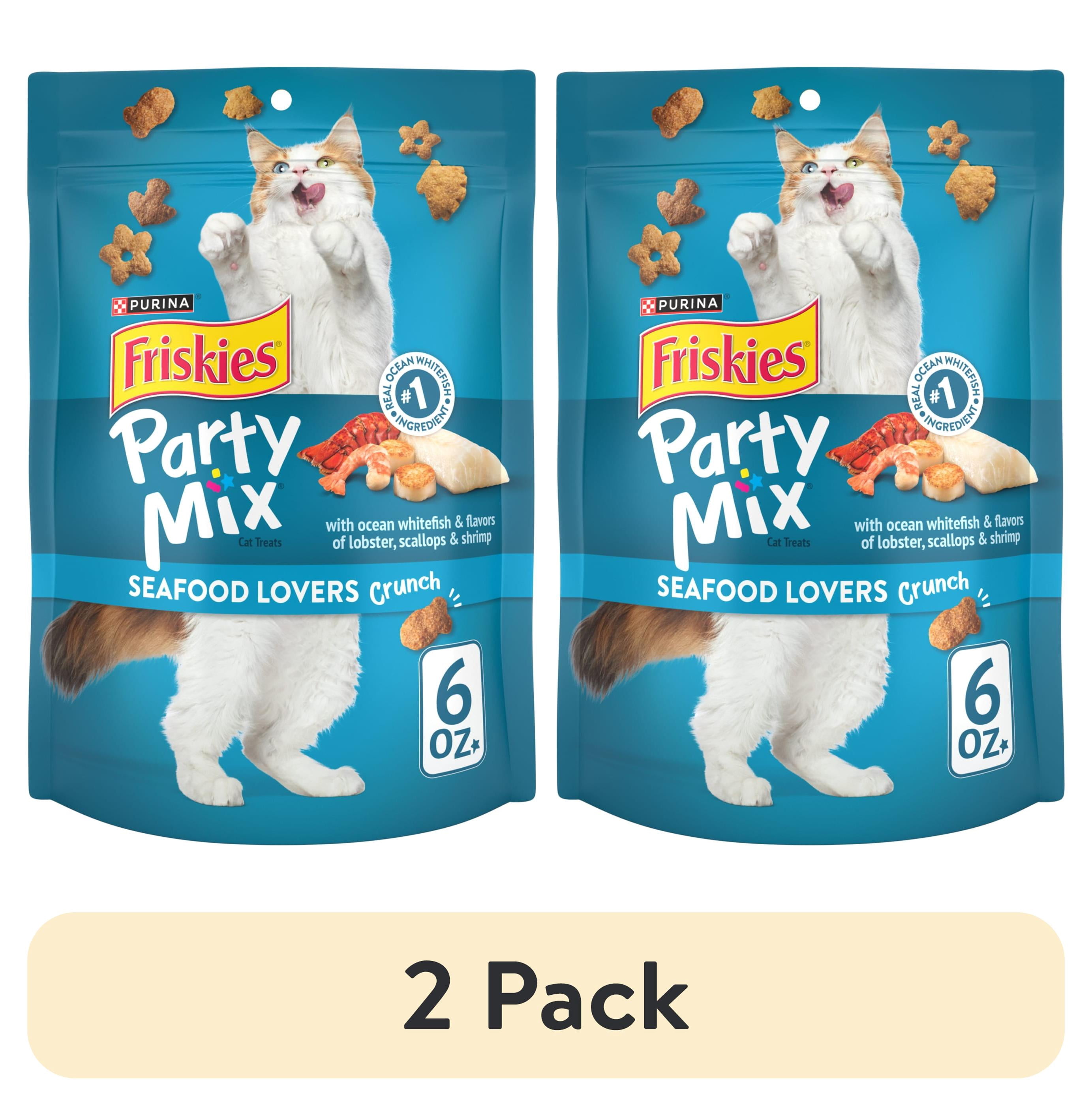 (2 pack) Purina Friskies Party Mix Seafood Lovers Crunch, Cat Treats, Scallop, Lobster, & Shrimp, 6 oz Bag