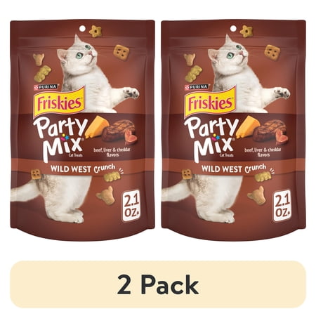 (2 pack) Purina Friskies Party Mix Wild West Crunch Cat Treats, Beef, Liver, & Cheddar, 2.1 oz Bag