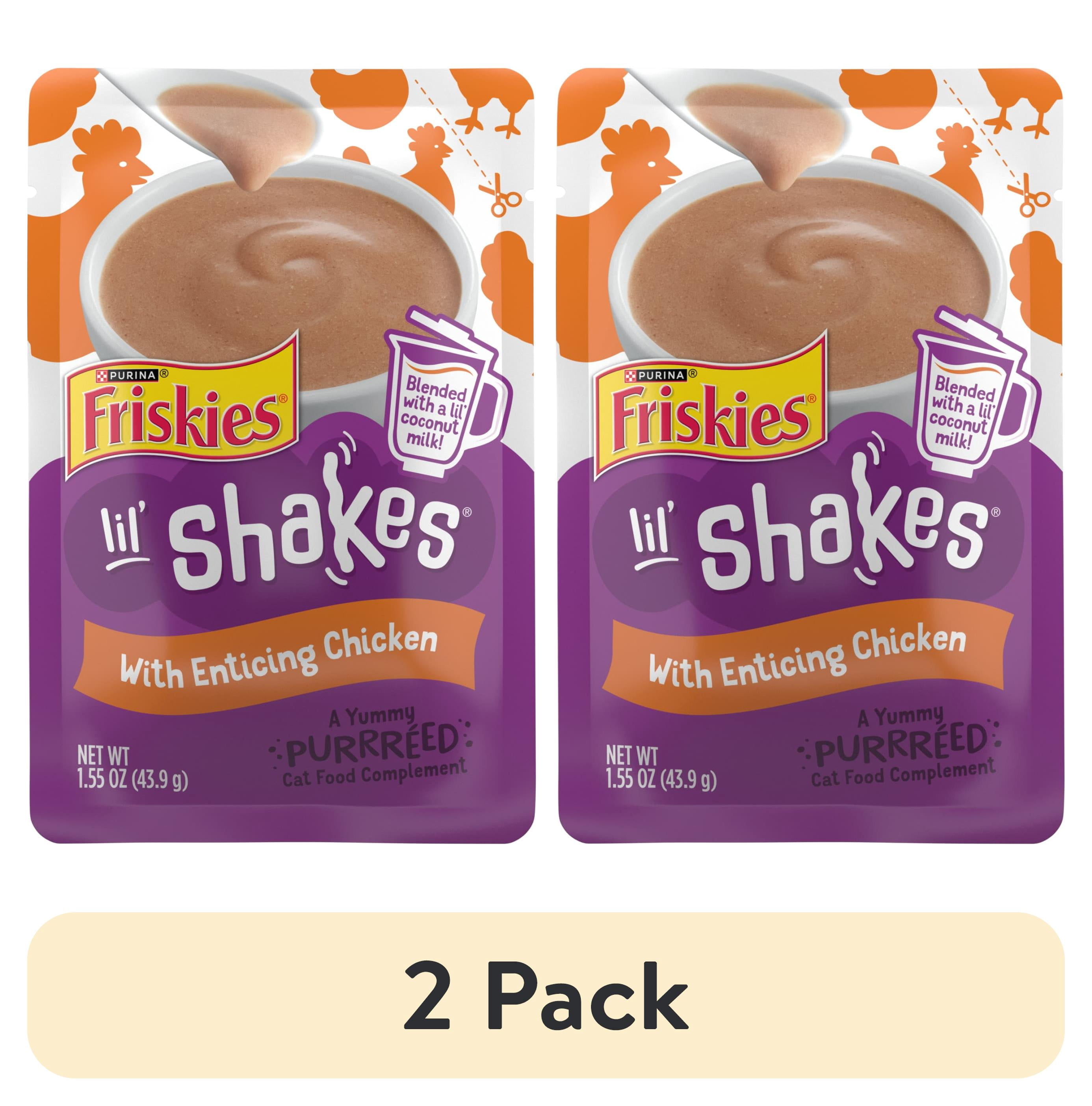 (2 pack) Purina Friskies Pureed Cat Food Toppers, Lil’ Shakes with Enticing Chicken Lickable Cat Treats, 1.55 oz Pouch