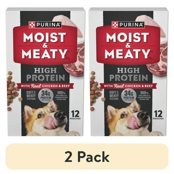 (2 pack) Purina Moist & Meaty Dry Dog Food, High Protein Real Chicken & Beef, 6 oz Pouch (12 Pack)