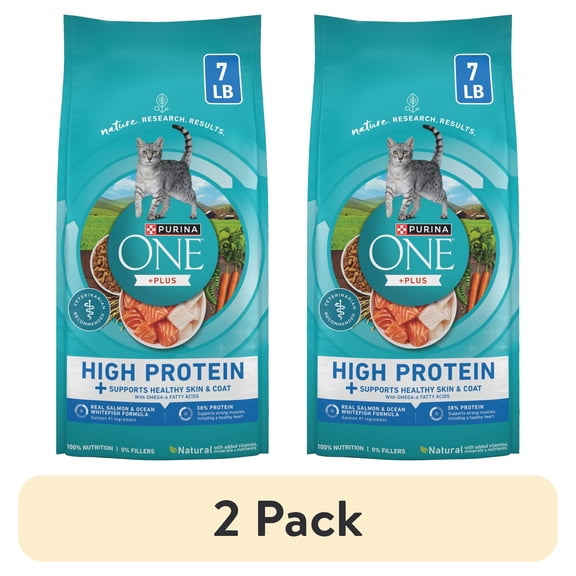 (2 pack) Purina ONE Plus Natural High Protein Dry Cat Food Salmon and Ocean Whitefish Skin and Coat Health Formula, 7 lb Bag