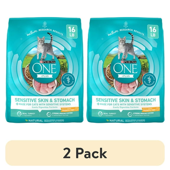 (2 pack) Purina ONE Plus, Sensitive Skin & Stomach, Dry Cat Food, Turkey, 16 lb Bag