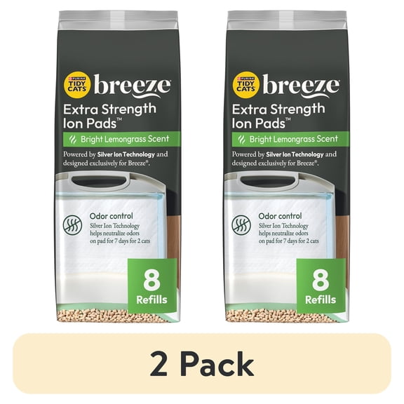 (2 pack) Purina Tidy Cats Breeze Multi-Cat Extra Strength Ion Cat Litter Box Pads, Bright lemongrass Scented Cat Litter Pads Refill Pack