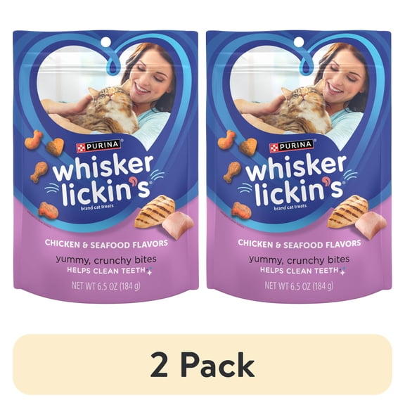 (2 pack) Purina Whisker Lickin's Cat Treats, Crunchy and Yummy Chicken and Seafood Flavors, 6.5 oz Pouch