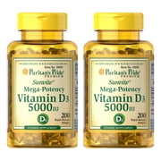 2 pack Puritans Pride Vitamin D3 5000 IU Softgels, 200 Count