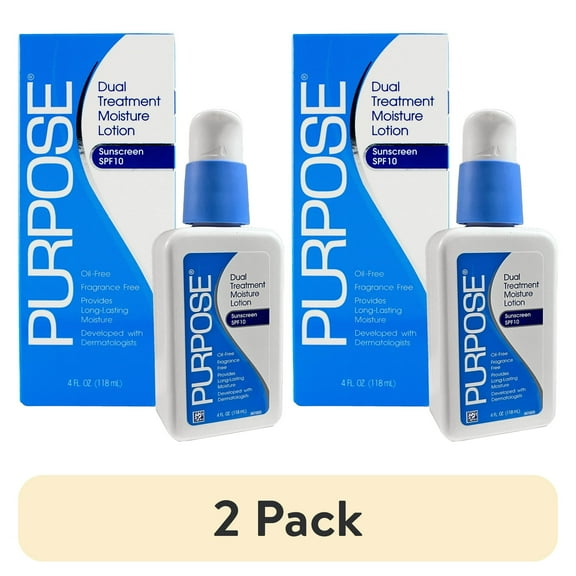 (2 pack) Purpose Dual Treatment Moisture Lotion with SPF 10, Oil Free, Fragrance Free, 4 oz bottle