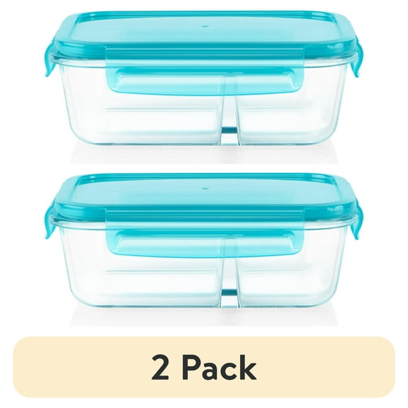 (2 pack) Pyrex MealBox 4-cup Divided Glass Food Storage Container with Turquoise Lid