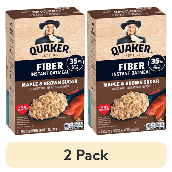 (2 pack) Quaker Fiber Instant Oatmeal, Maple Brown Sugar, 35% Daily Value of Fiber, Whole Grains, No Artificial Flavors, 1.58 oz packets, (8 Pack)