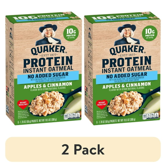 (2 pack) Quaker Instant Oatmeal Protein No Added Sugar Apples & Cinnamon, 1.76 Ounce 6 Packets