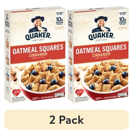 (2 pack) Quaker Oatmeal Squares Cinnamon Crunchy Oat Cereal, 21 oz