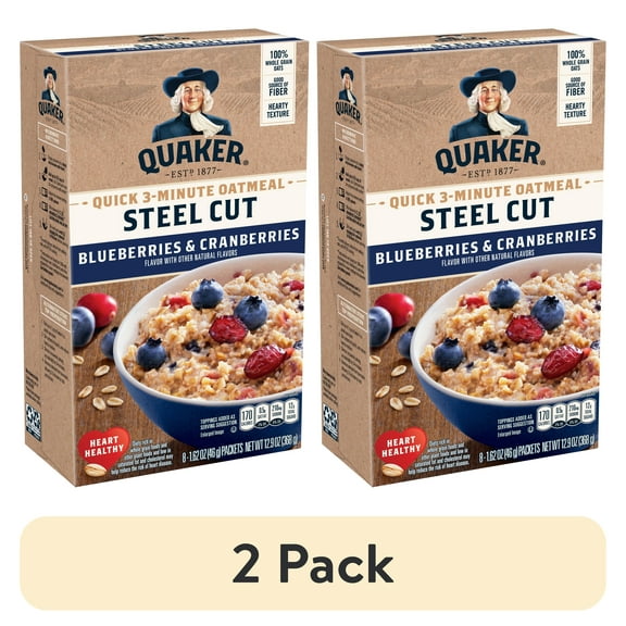 (2 pack) Quaker Steel Cut Quick 3-Minute Oatmeal, Blueberries & Cranberries, Quick Cook, 8 Packets