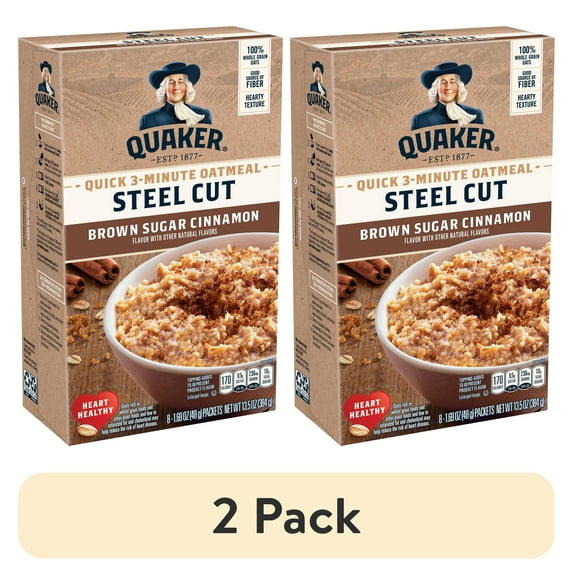 (2 pack) Quaker Steel Cut Quick 3 Minute Oatmeal, Brown Sugar & Cinnamon, 1.69 oz Packets, 8 Count