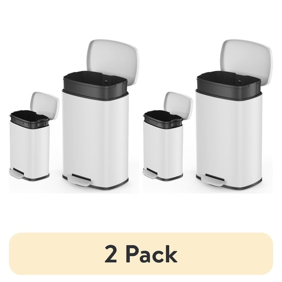 (2 pack) Qualiazero Kitchen Bathroom Trash Can Combo, 13.2 Gallon and 3.2 Gallon Stainless Steel Step Garbage Bin with Soft Close Lid, Matte White