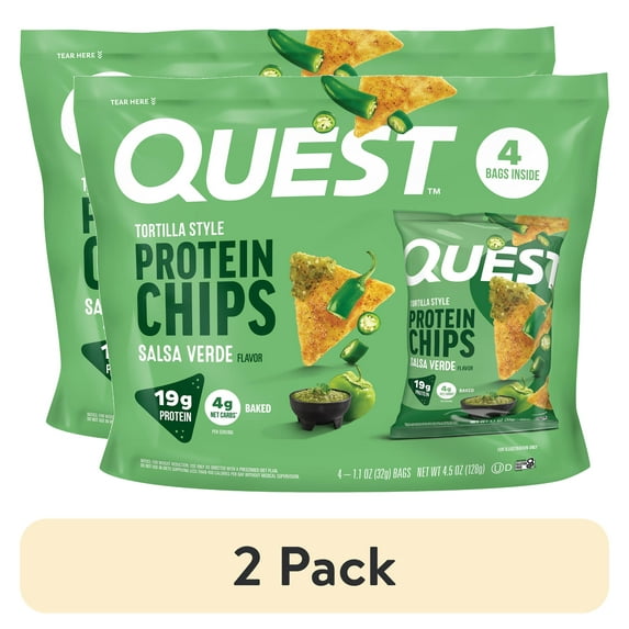 (2 pack) Quest Tortilla Style Protein Chips, Salsa Verde Flavored, Baked, 1.1oz, 4 Bags