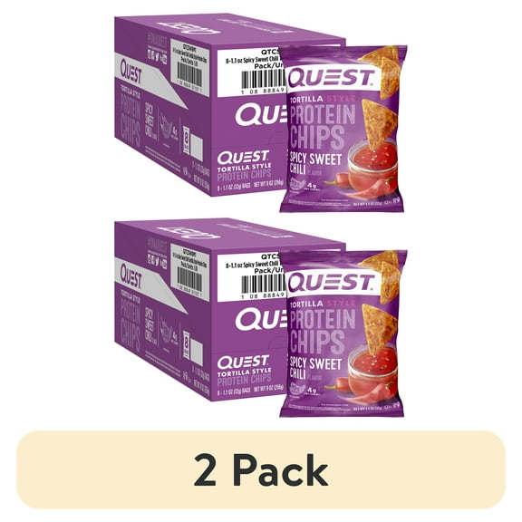 (2 pack) Quest Tortilla Style Protein Chips, Spicy Sweet Chili Flavor, 19g of Protein, 1.1 oz Bags, 8 Count
