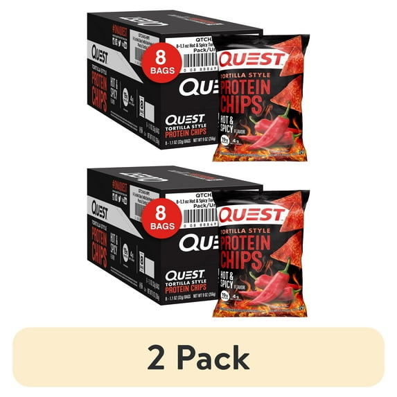 (2 pack) Quest Tortilla Style Protein Chips with 19g of Protein, Hot & Spicy Flavor, 1.1 Oz Bags, 8 Count