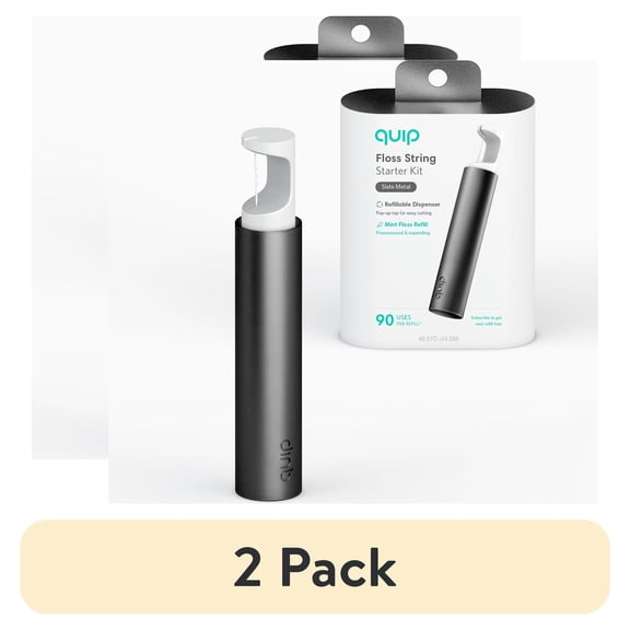 (2 pack) Quip Dental Floss Picks, Refillable Dispenser, Slate Metal, 3-Month Mint Refill