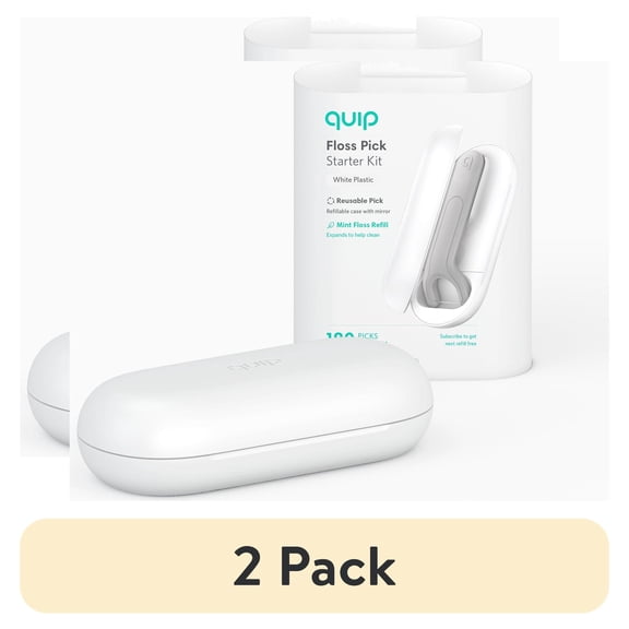 (2 pack) Quip Refillable Dental Floss Picks, Reusable Pick + Preloaded Dispenser, White Plastic, Mint