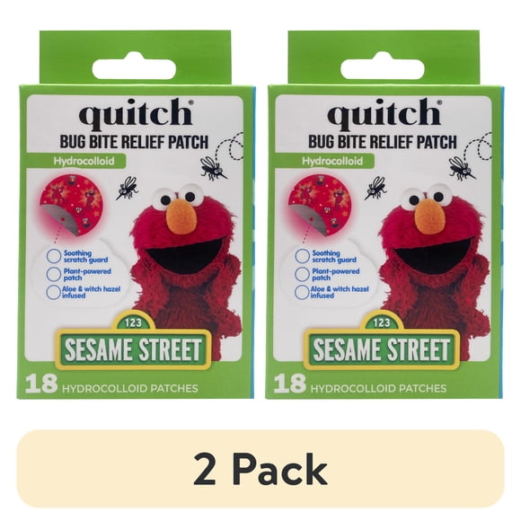 (2 pack) Quitch Sesame Street Bug Bite Relief Patches, Anti-Itch Hydrocolloid with Witch Hazel and Aloe Vera, 18 Count