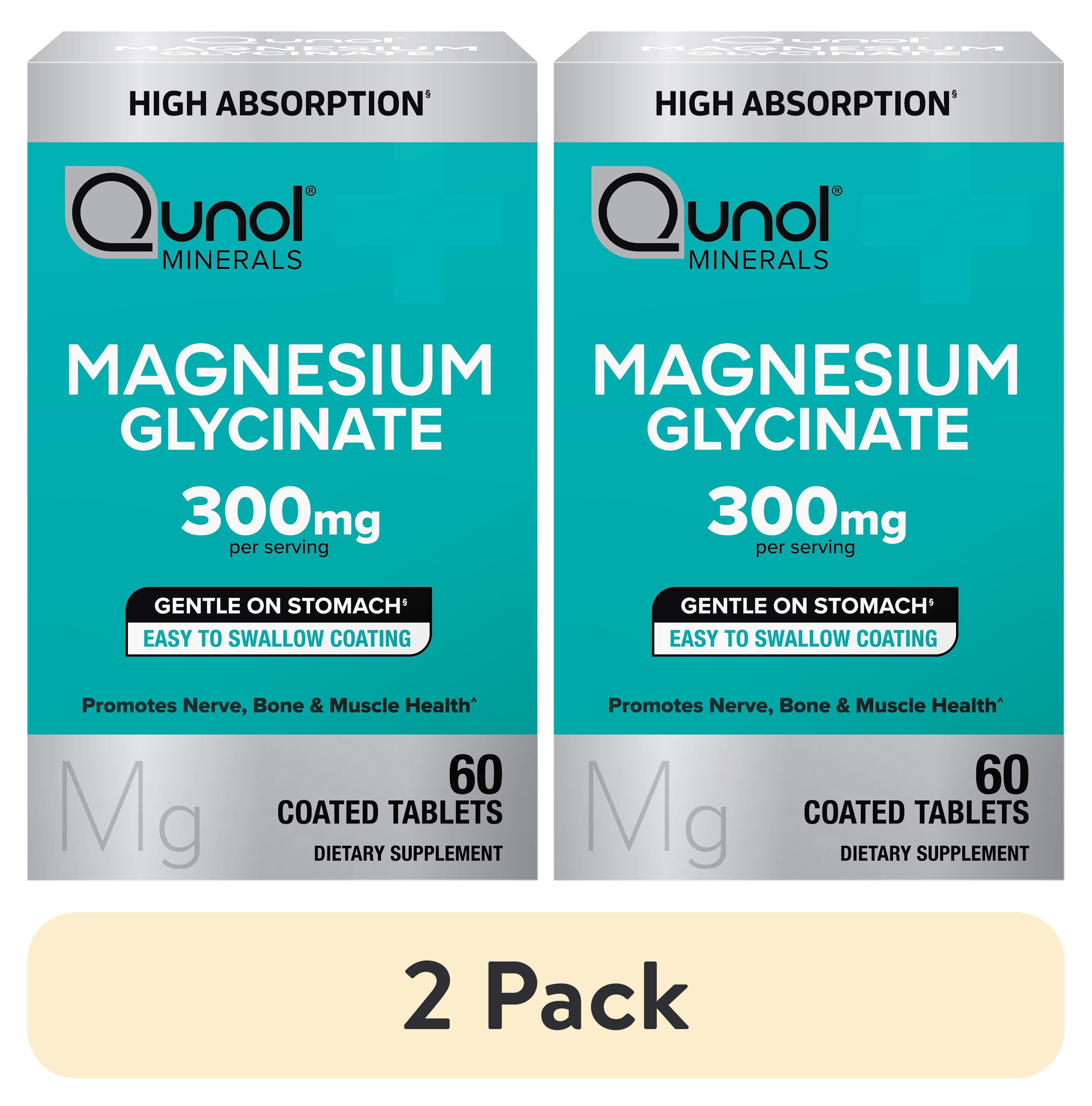 (2 pack) Qunol Magnesium Glycinate Tablets for Nerve, Bone, and Muscle Support, 300mg, 60 Count, Two Tablet Dose.