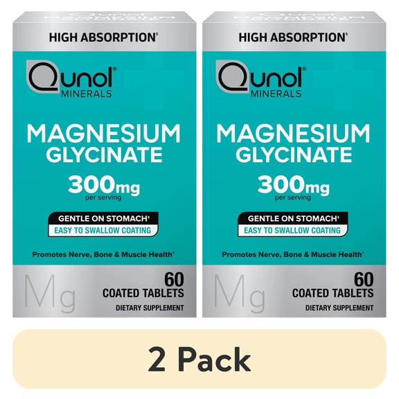 (2 pack) Qunol Magnesium Glycinate Tablets for Nerve, Bone, and Muscle Support, 300mg, 60 Count, Two Tablet Dose.