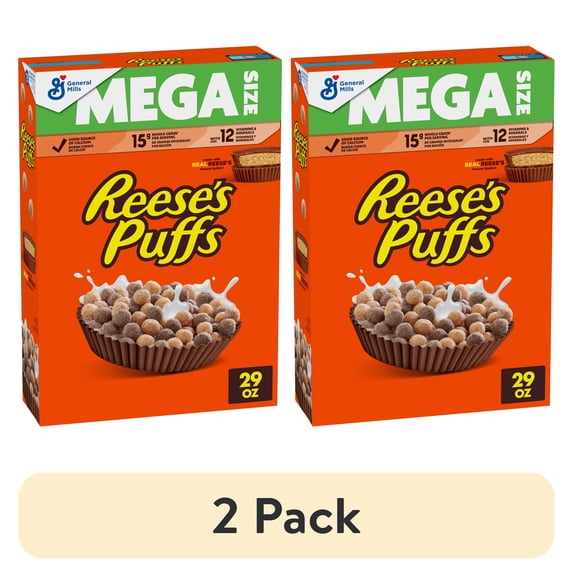 (2 pack) REESE'S PUFFS Breakfast Cereal, Chocolatey Peanut Butter Cereal, Mega Size, 29 oz