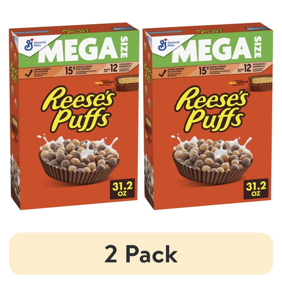 (2 pack) REESE's PUFFS Chocolatey Peanut Butter Cereal, Kid Breakfast Cereal, Mega Size, 31.2 oz