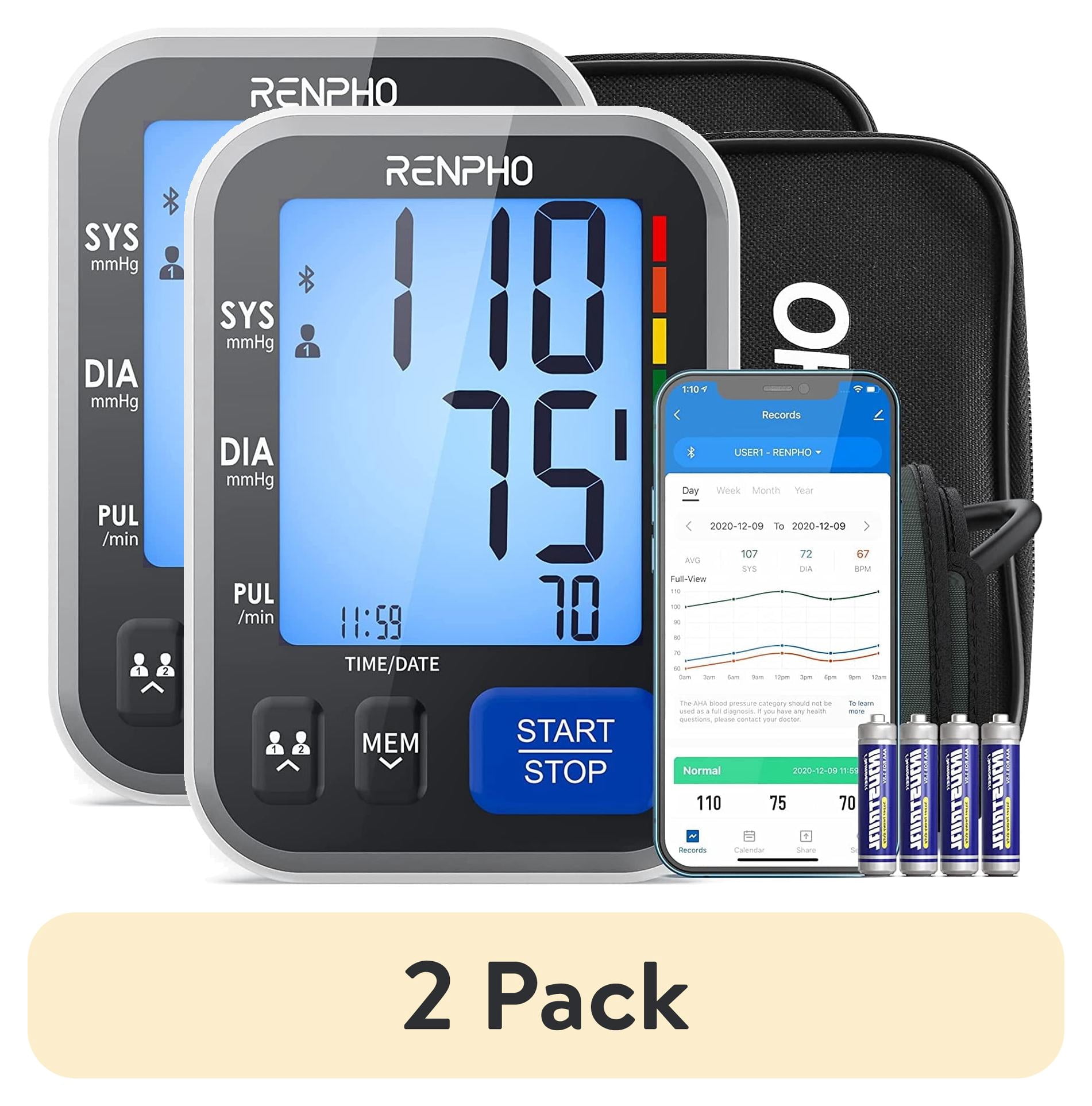 (2 pack) RENPHO Bluetooth Upper Arm Blood Pressure Monitor, Smart Digital Large Cuff Blood Pressure Machine, LCD Display, 2-Users, Unlimited Memories Accurate BP Cuffs for Home Use, App for iOS Android