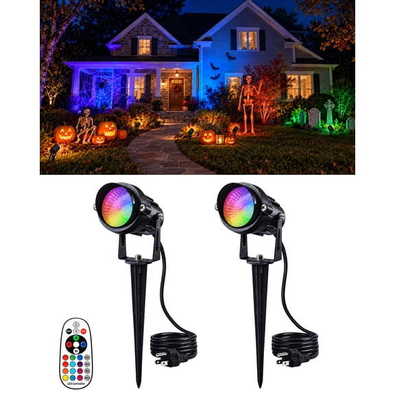 2 pack RGBW Spotlights Outdoor for Halloween Decor with Remote Waterproof, 120V Wired Color Changing Landscape Spot Lights for Yard Patio Garden Tree