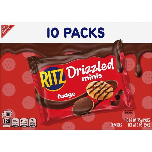2 pack-RITZ Drizzled Minis Fudge Crackers, Bulk Lunch Snacks for Kids and Adults, 10 - 0.9 oz Snack Packs