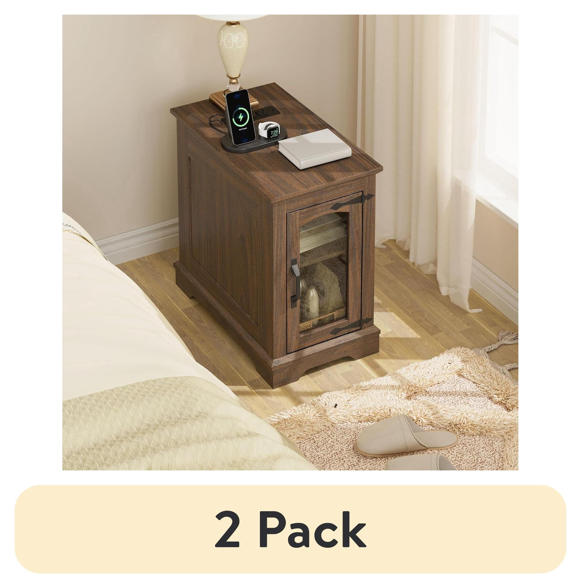 (2 pack) RTC GROUP Narrow Farmhouse End Table with Charging Station, Bedside Table with Storage Cabinet, 2 AC Outlets & 2 USB Ports, Side Table for Bedroom, Living Room, Couch or Sofa, Walnut