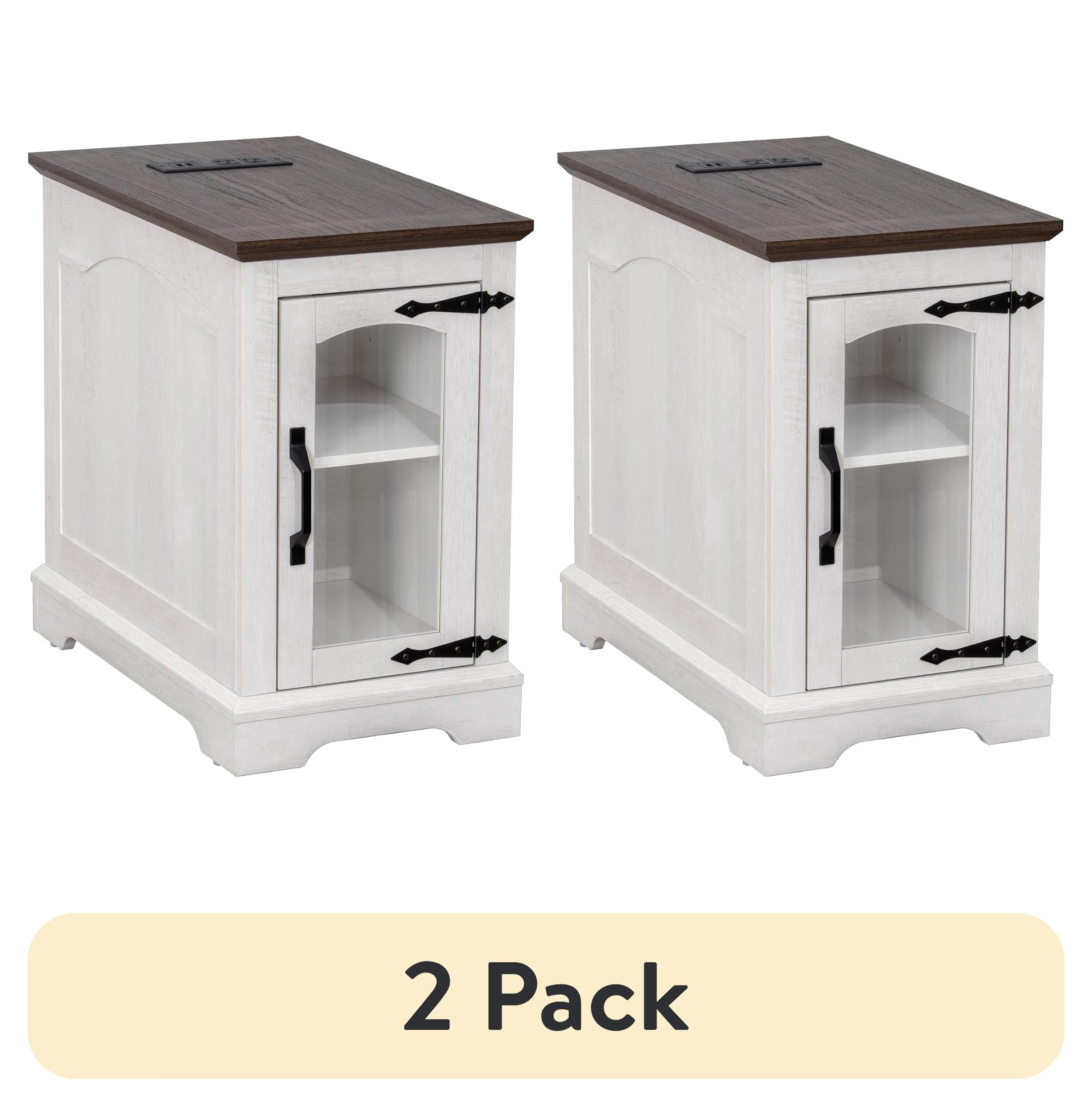 (2 pack) RTC GROUP Narrow Farmhouse End Table with Charging Station, Bedside Table with Storage Cabinet, 2 AC Outlets & 2 USB Ports, Side Table for Bedroom, Living Room, Couch or Sofa, White Oak