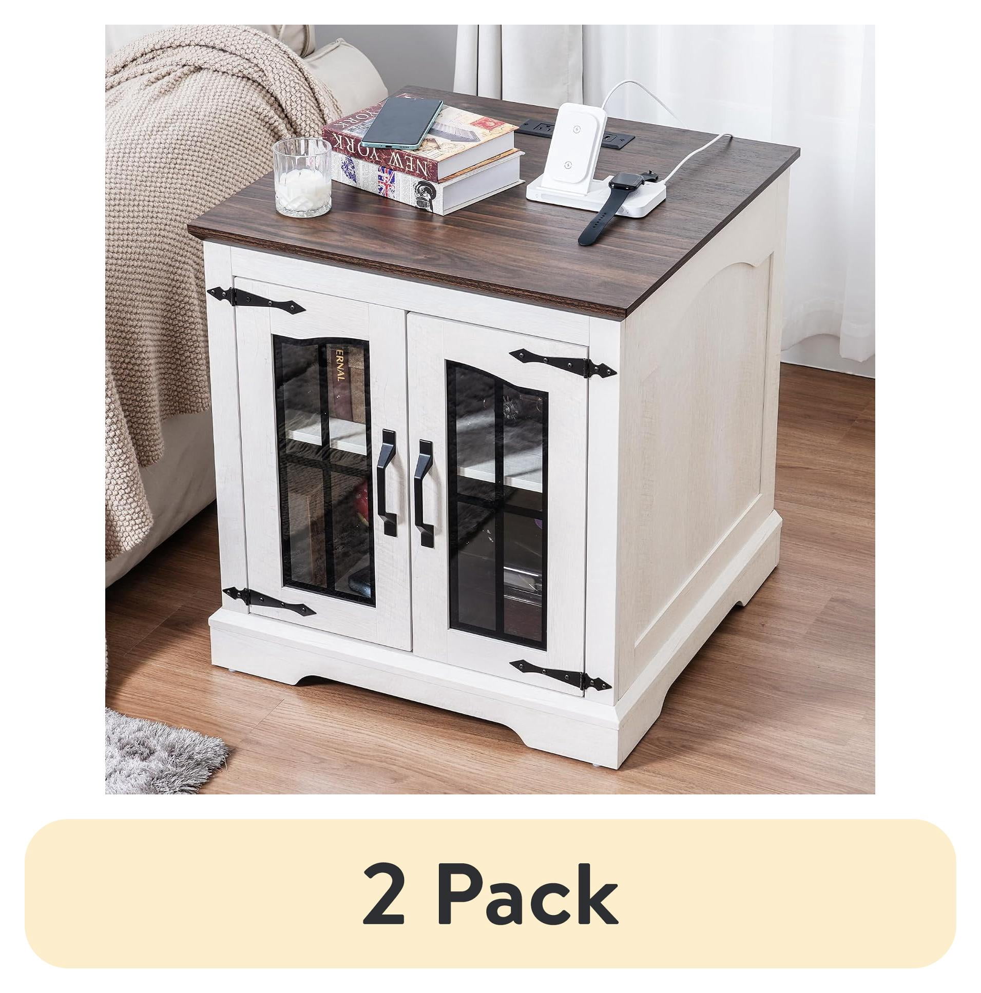 (2 pack) RTC Group Farmhouse Nightstand with Charging Station – White End Table with Storage for Bedroom & Living Room