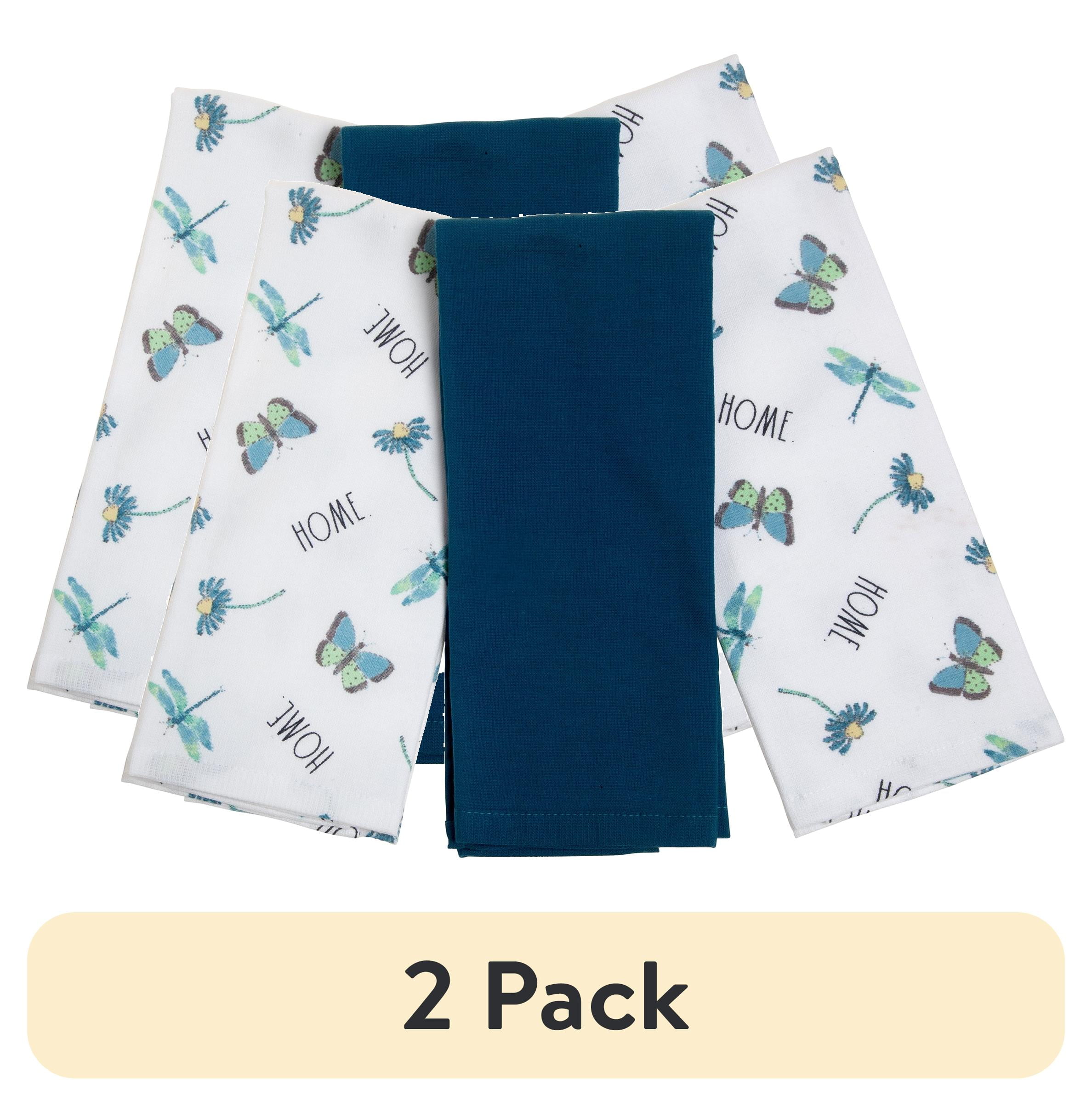 (2 pack) Rae Dunn Butterfly Kitchen Towels, 3 Pack, 16 x 26, Navy Blue & White